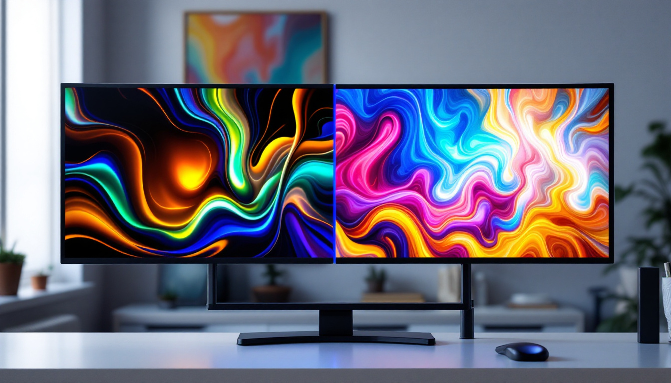 A photograph of a side-by-side comparison of an led display and an lcd screen