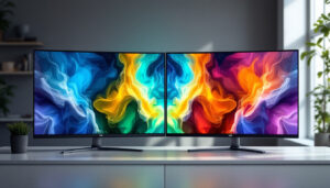 A photograph of a side-by-side comparison of an led and an lcd display