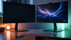 A photograph of a side-by-side comparison of an lcd monitor and an led monitor