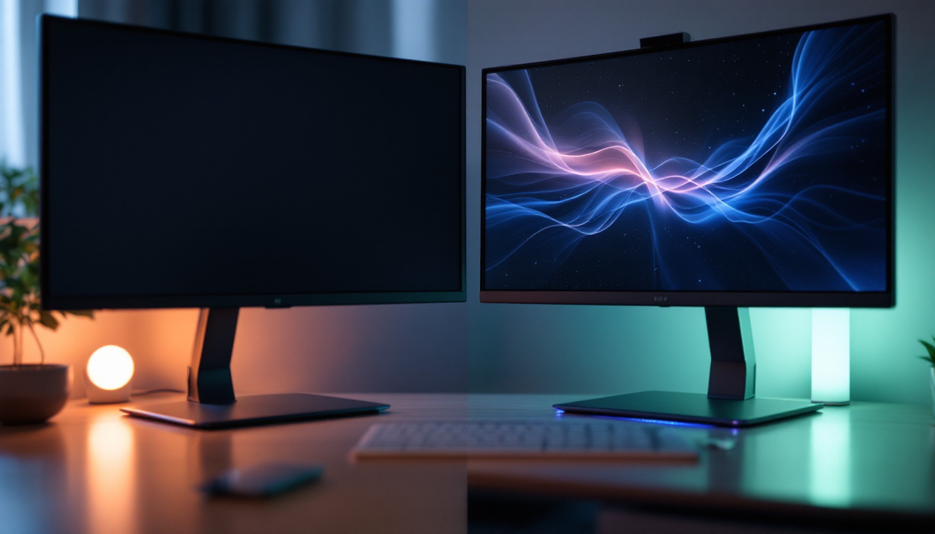 A photograph of a side-by-side comparison of an lcd monitor and an led monitor
