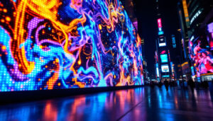 A photograph of a vibrant led display showcasing dynamic visuals and colors in an urban setting