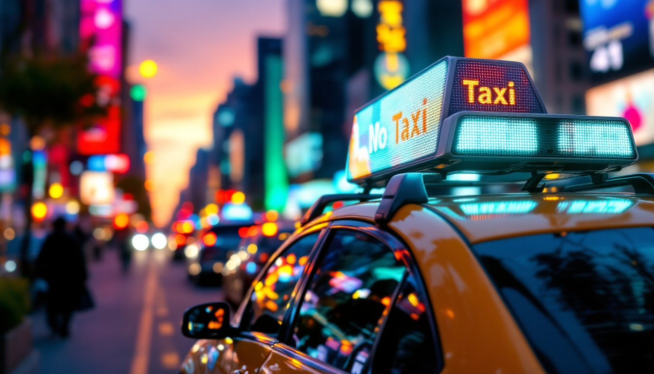 A photograph of a vibrant taxi with a clear
