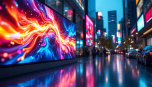 A photograph of a vibrant led screen panel displaying dynamic visuals in a modern urban setting