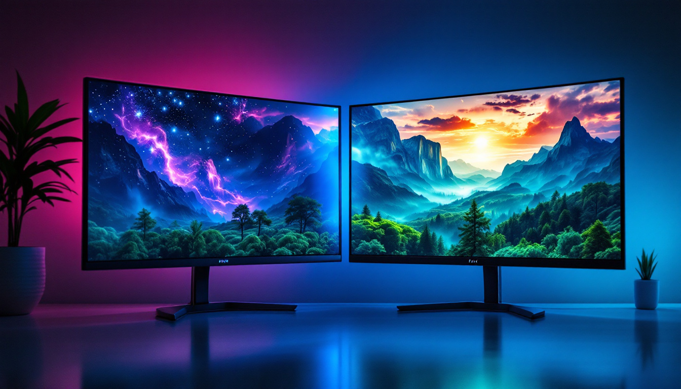 A photograph of a side-by-side comparison of an led display and an lcd screen