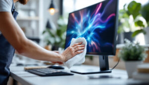 A photograph of a person carefully cleaning an led monitor with a microfiber cloth