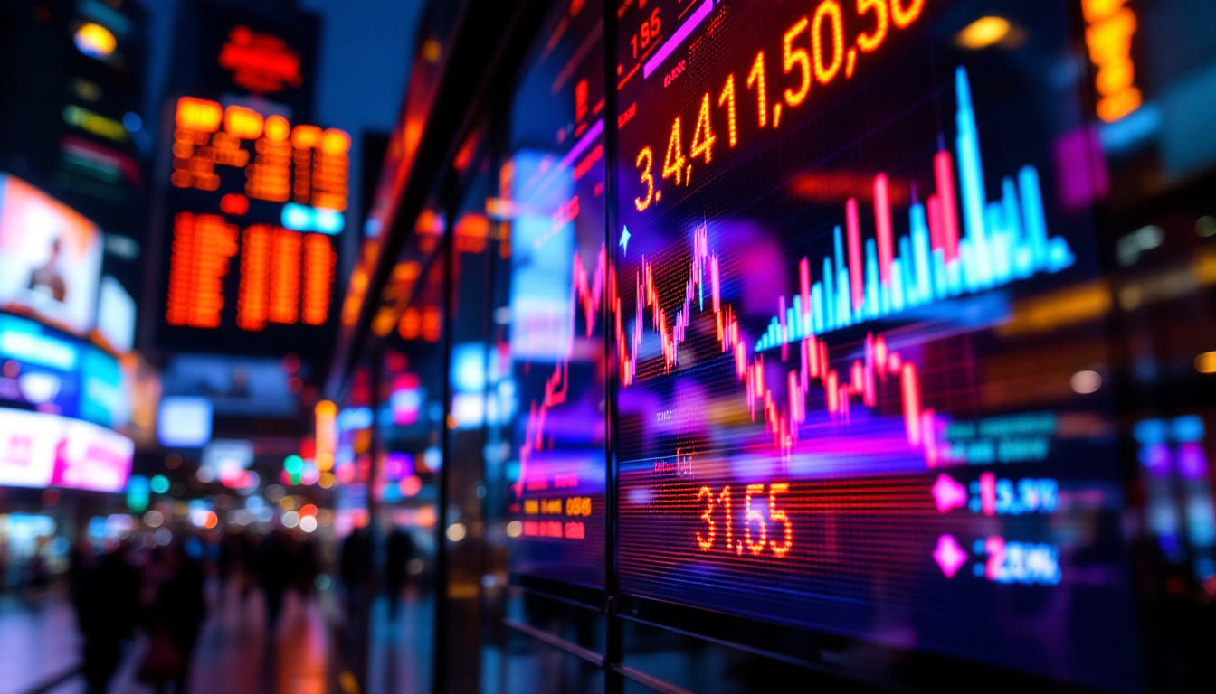 A photograph of a vibrant led ticker screen displaying dynamic financial data in a bustling urban environment