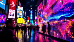 A photograph of a vibrant led display in a bustling urban environment
