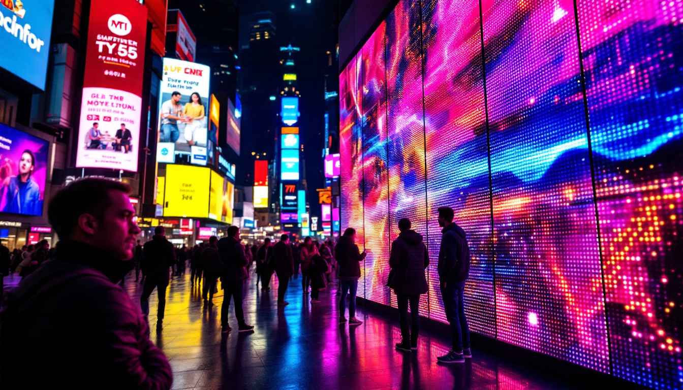 A photograph of a vibrant led display in a bustling urban environment