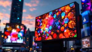 A photograph of a vibrant led display showcasing a dynamic mix of colors and patterns