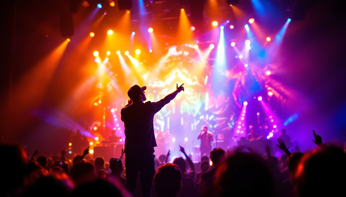 A photograph of a vibrant live music performance featuring an artist on stage