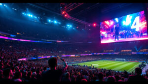 A photograph of a vibrant stadium filled with fans