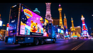 A photograph of a vibrant mobile digital billboard in las vegas