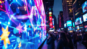 A photograph of a vibrant led display showcasing dynamic visuals in an urban setting