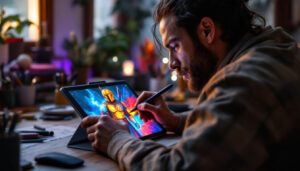 A photograph of a skilled artist in the process of drawing a mandalorian character on a tablet or led display