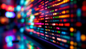 A photograph of a close-up of an led display in a dimly lit environment