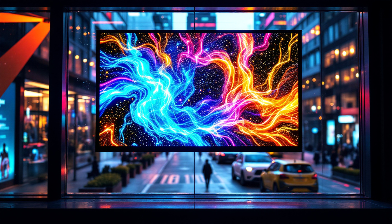 A photograph of capture a photograph of a vibrant led film screen installed on a window