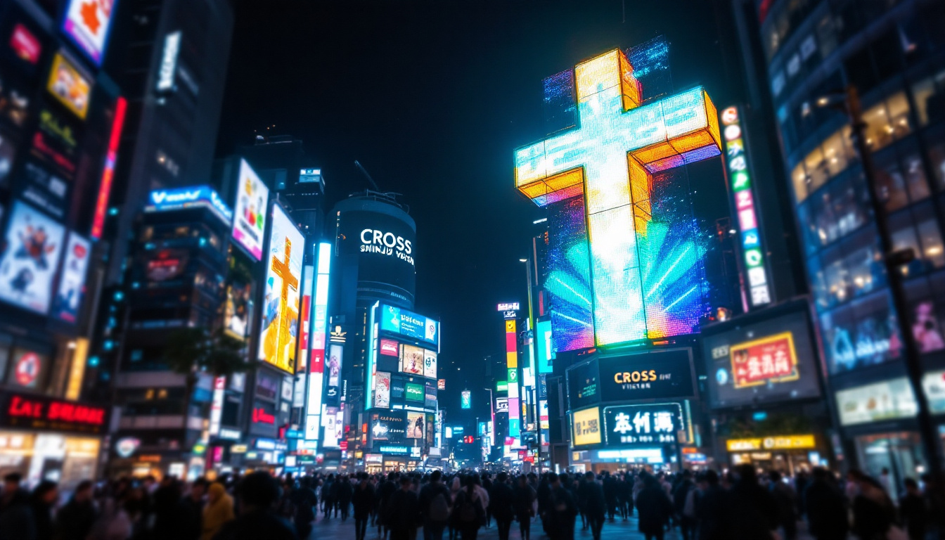 A photograph of capture a photograph of the vibrant cross shinjuku vision led display at night