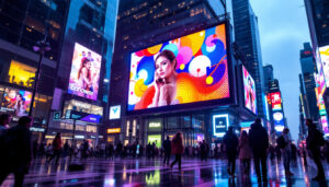A photograph of a vibrant led display screen in a dynamic urban setting