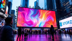 A photograph of capture a photograph of a massive led display in an urban setting
