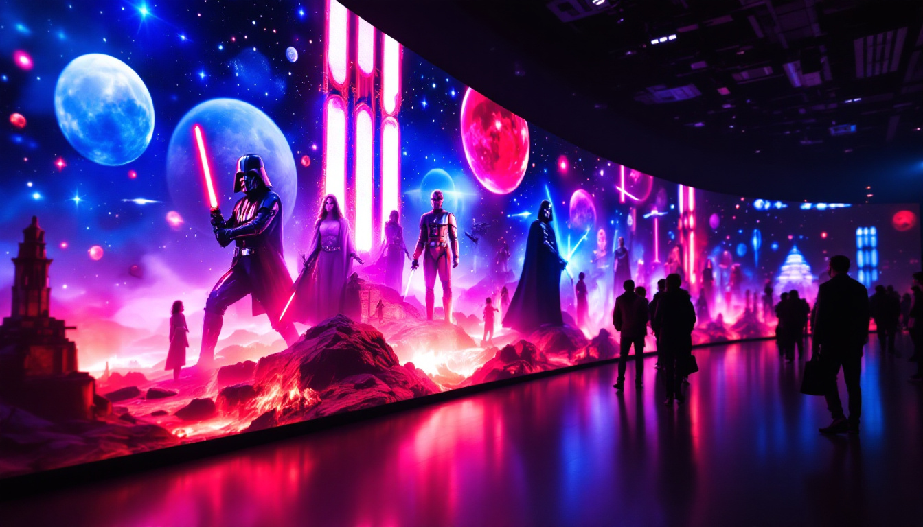 A photograph of a vibrant led display featuring iconic star wars imagery