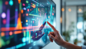A photograph of a sleek touch monitor displaying vibrant led graphics