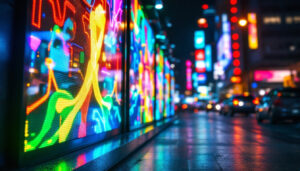 A photograph of a vibrant led display in a dynamic urban setting