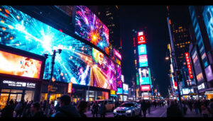 A photograph of a vibrant led display illuminating a bustling urban scene at night