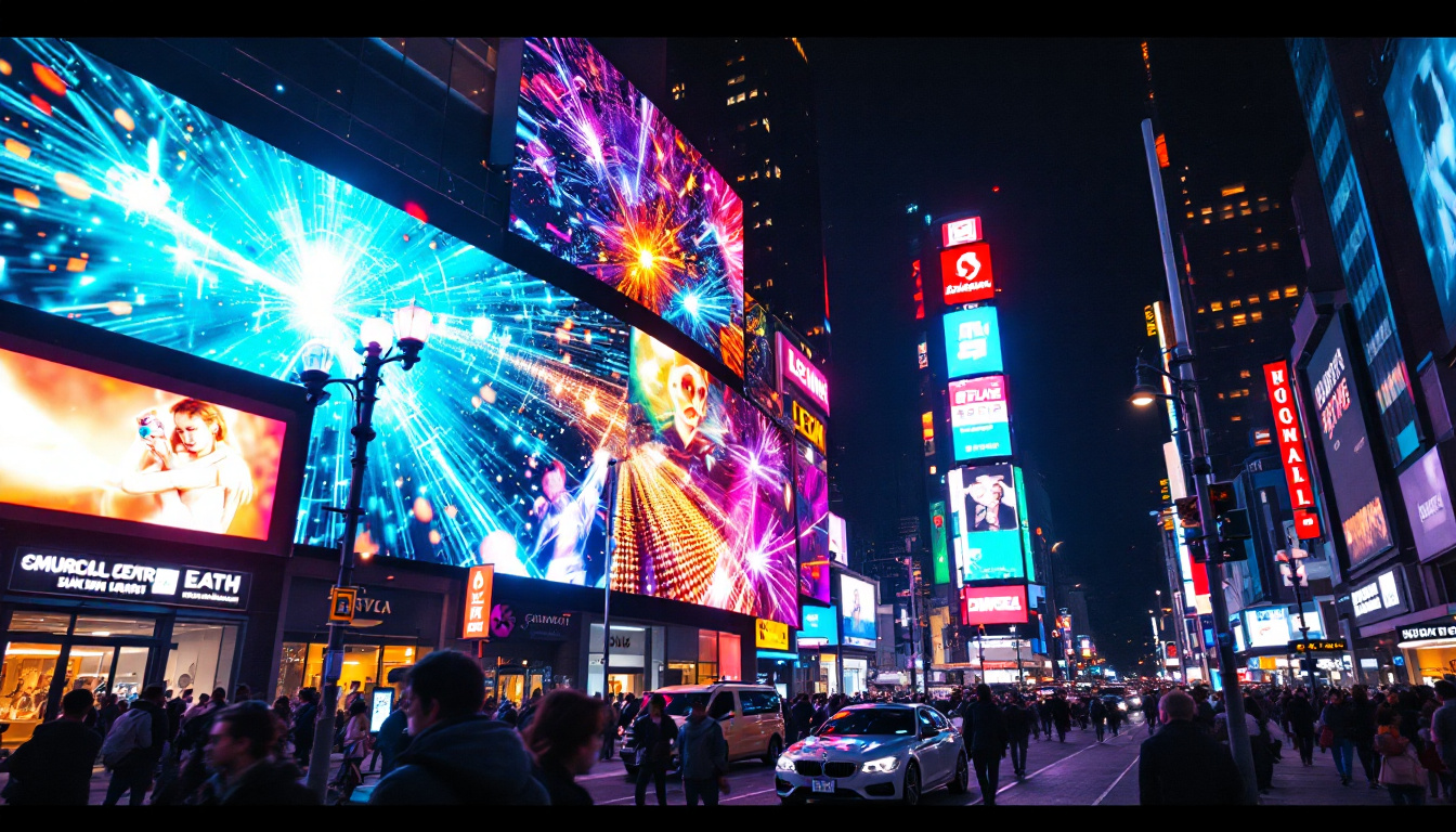 A photograph of a vibrant led display illuminating a bustling urban scene at night