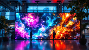 A photograph of a vibrant indoor and outdoor led display showcasing dynamic visuals