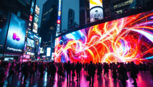A photograph of a vibrant led display in a bustling urban setting