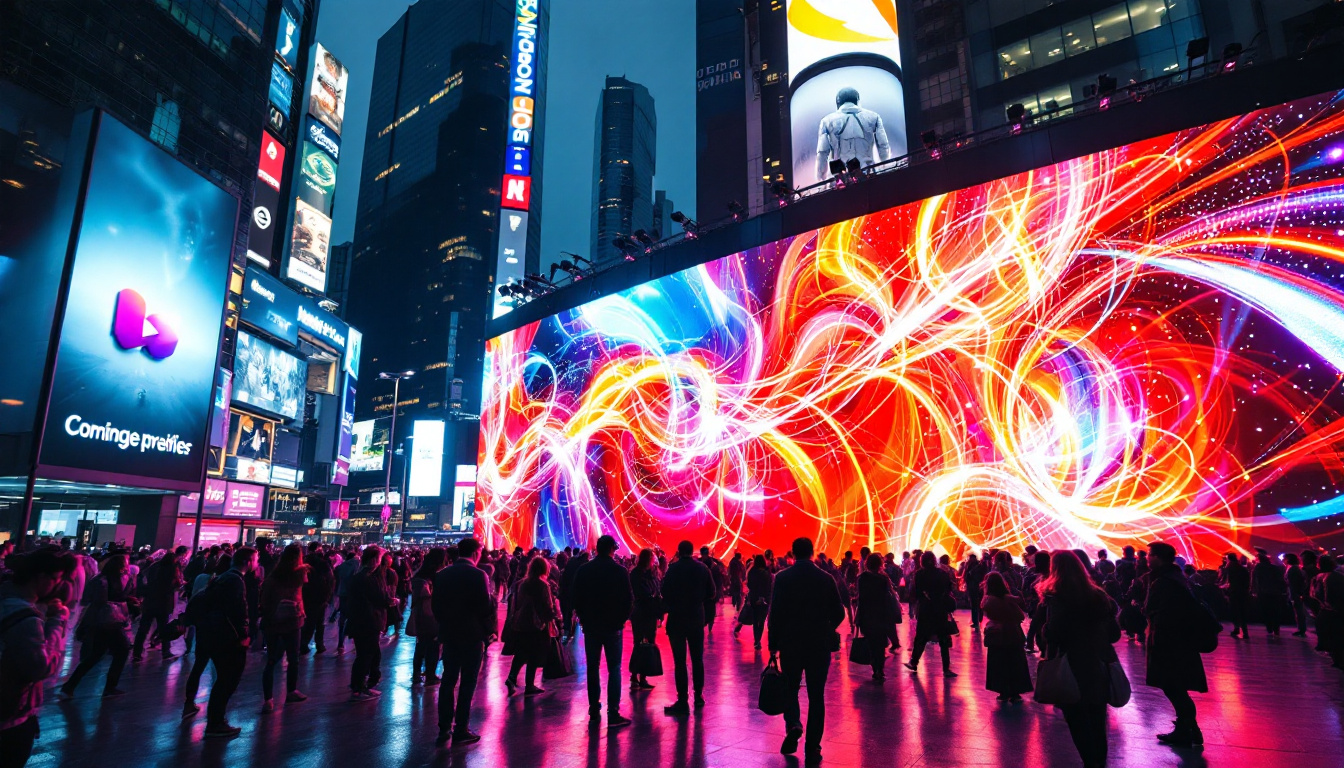 A photograph of a vibrant led display in a bustling urban setting