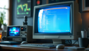 A photograph of a vintage 1024 x 640 color monitor displaying vibrant graphics