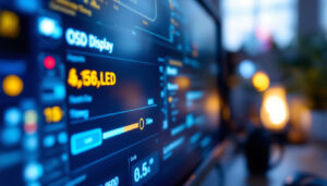 A photograph of a close-up view of a monitor displaying an osd (on-screen display) menu
