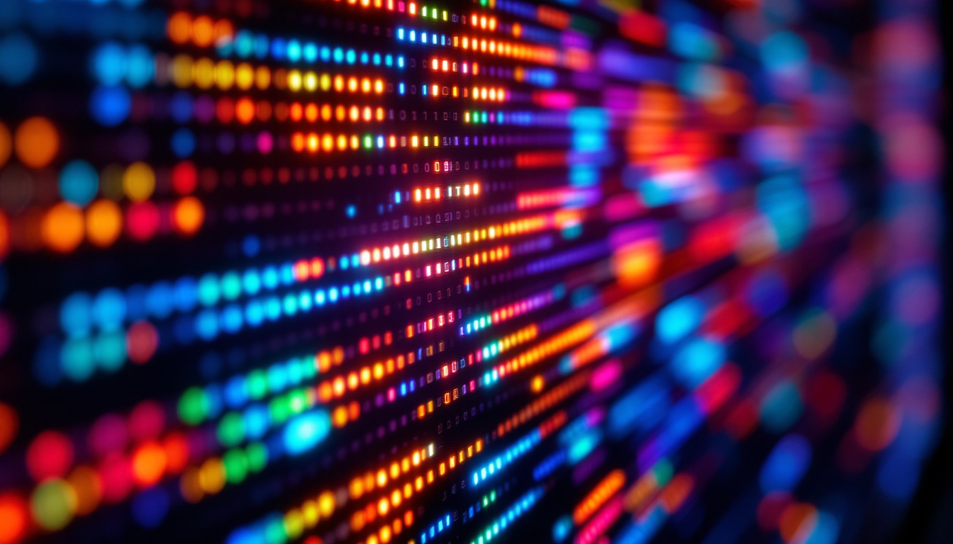 A photograph of a close-up shot of a vibrant led display
