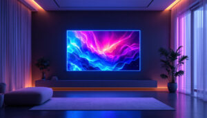 A photograph of a modern interior space featuring a sleek led display integrated into the wall
