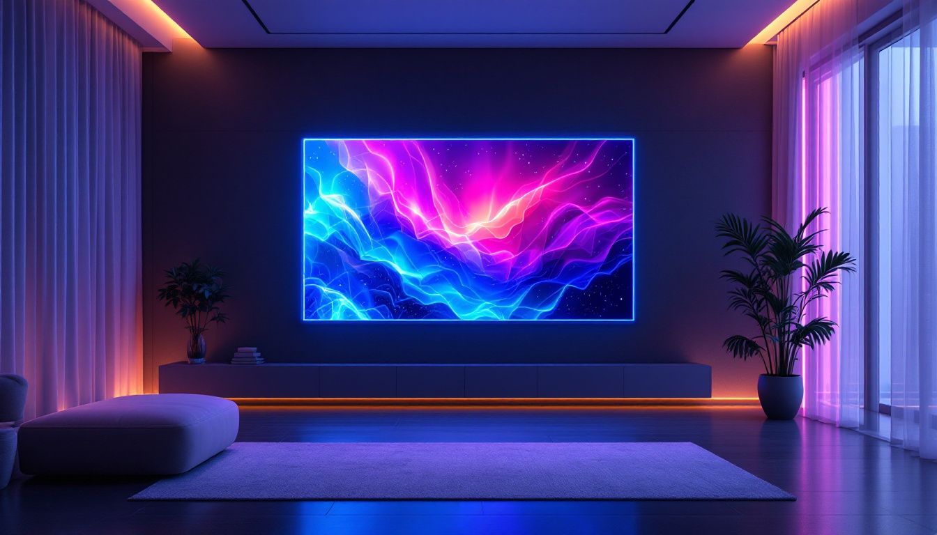 A photograph of a modern interior space featuring a sleek led display integrated into the wall