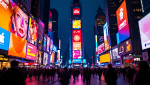 A photograph of a vibrant led display in a bustling urban setting