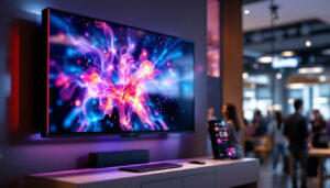 A photograph of a vibrant digital signage setup featuring a plasma screen and led display in an engaging environment