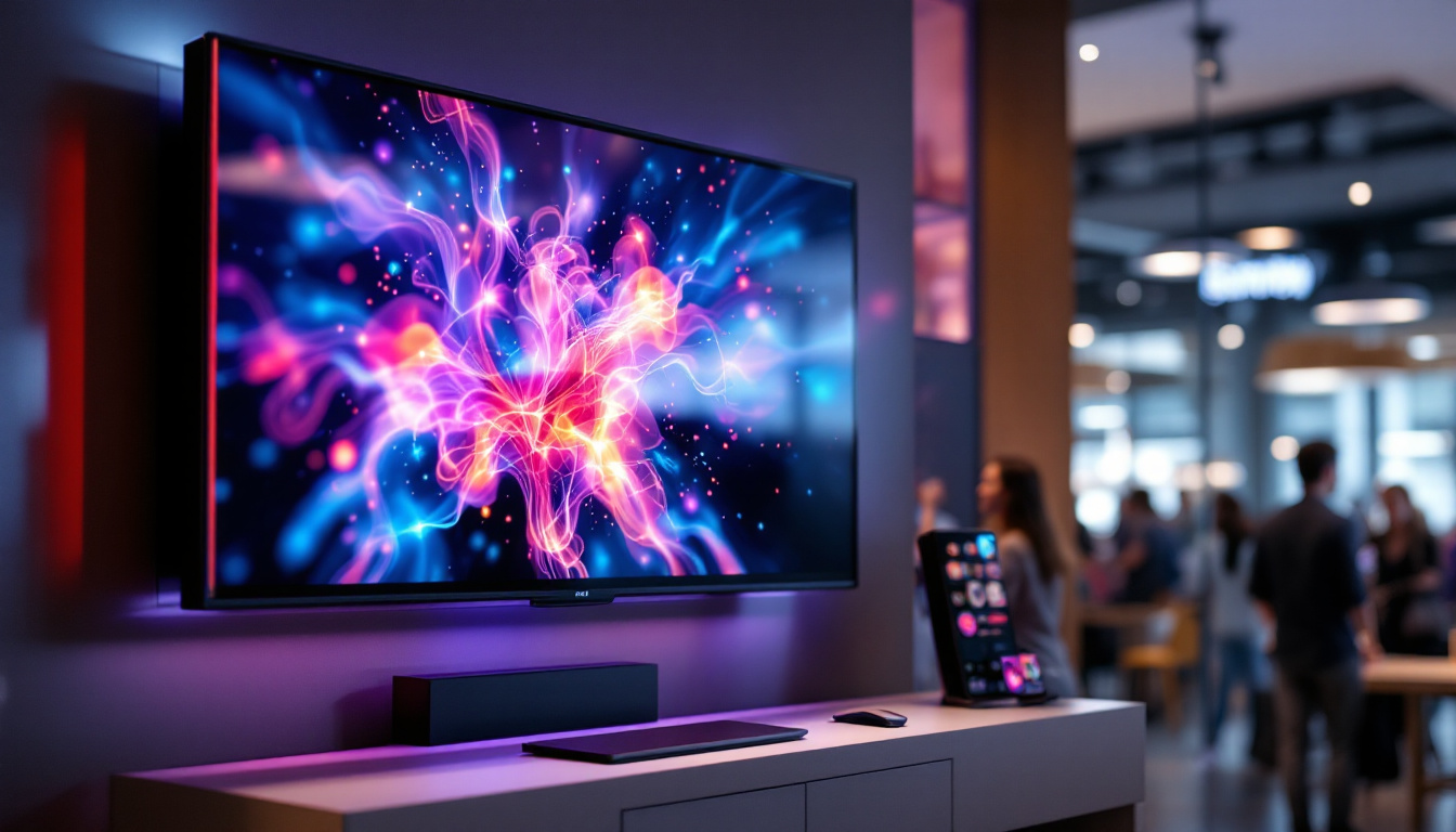 A photograph of a vibrant digital signage setup featuring a plasma screen and led display in an engaging environment