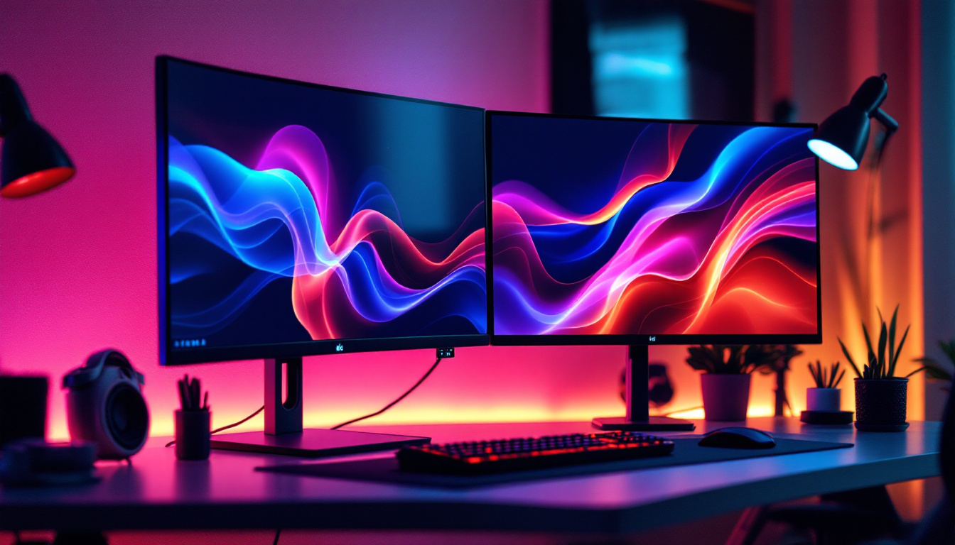 A photograph of a sleek dual screen monitor setup in a modern workspace