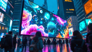 A photograph of a vibrant led display showcasing dynamic visuals