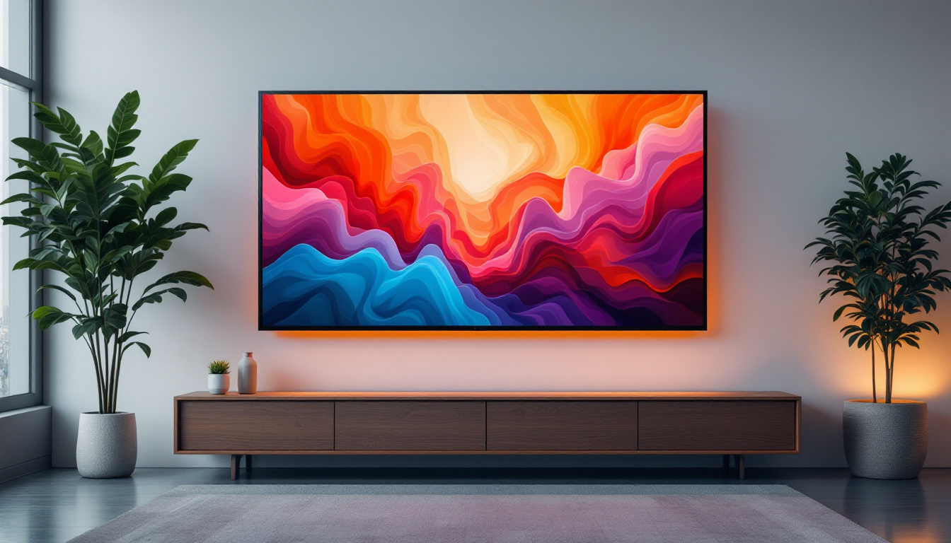 A photograph of a sleek 100-inch lcd display showcasing vibrant visuals in a modern setting