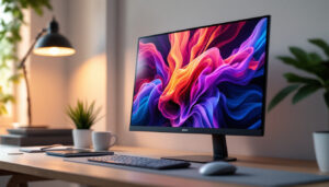 A photograph of a sleek 22-inch led monitor displaying vibrant colors and sharp details