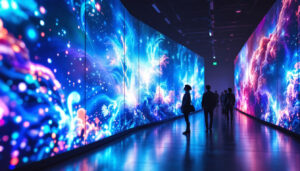 A photograph of capture a photograph of a vibrant led display showcasing dynamic artwork in a modern gallery setting