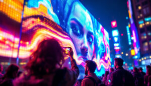 A photograph of a vibrant led display in action