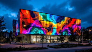 A photograph of the ohsu knight cancer research building's striking led display at dusk