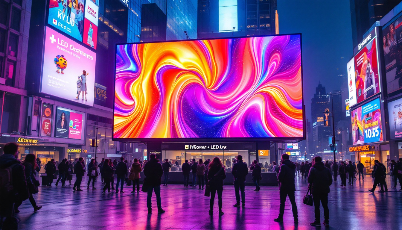 A photograph of a vibrant led display in a bustling urban setting