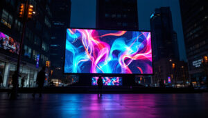 A photograph of a vibrant led display in an urban setting at night