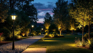 A photograph of a beautifully illuminated outdoor landscape featuring 110v led landscape lights in various settings