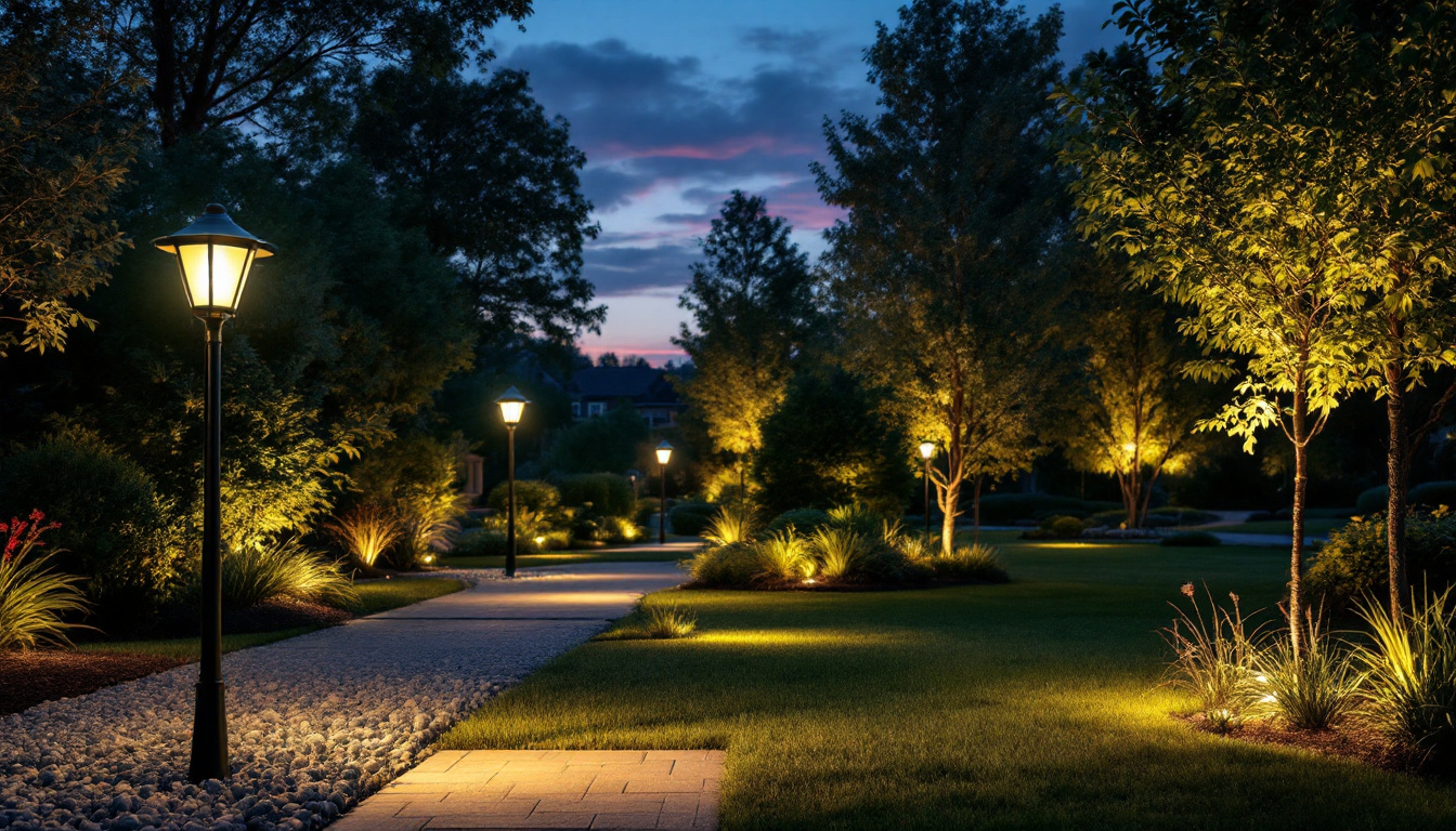 A photograph of a beautifully illuminated outdoor landscape featuring 110v led landscape lights in various settings